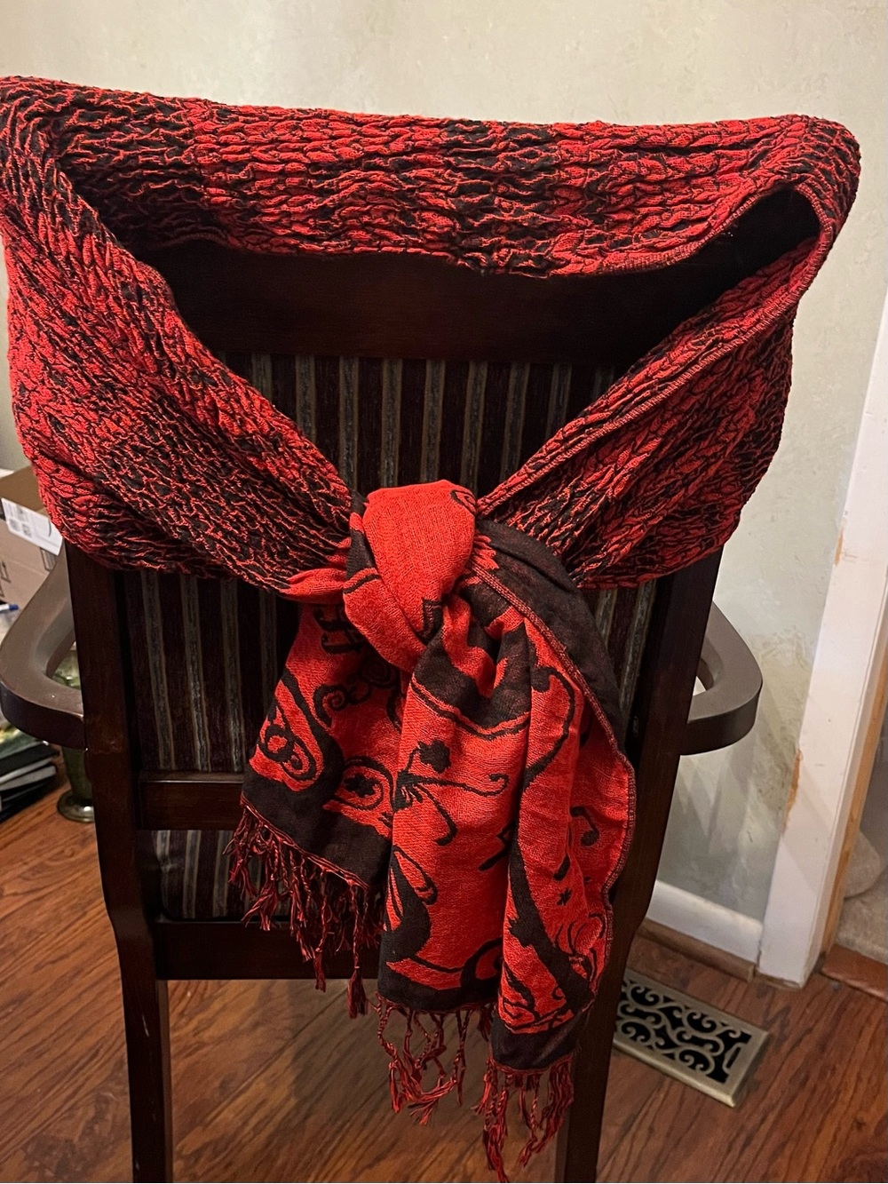 Red and Black Patterned Scarf - Draped Knot Style